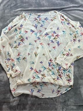 Zara White Wrap-Style Blouse with Multicolor Floral-Bird Print